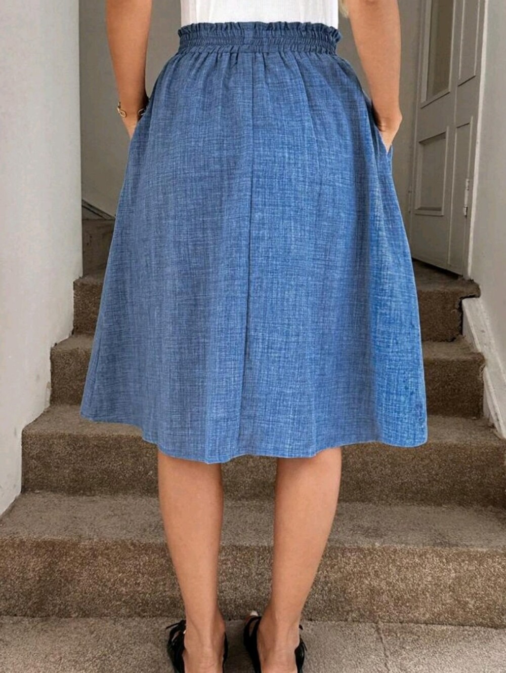 Women Light Blue Denim Effect A-Line Skirt, Loose Fit, For Autumn Vacatio - Picture 3 of 5